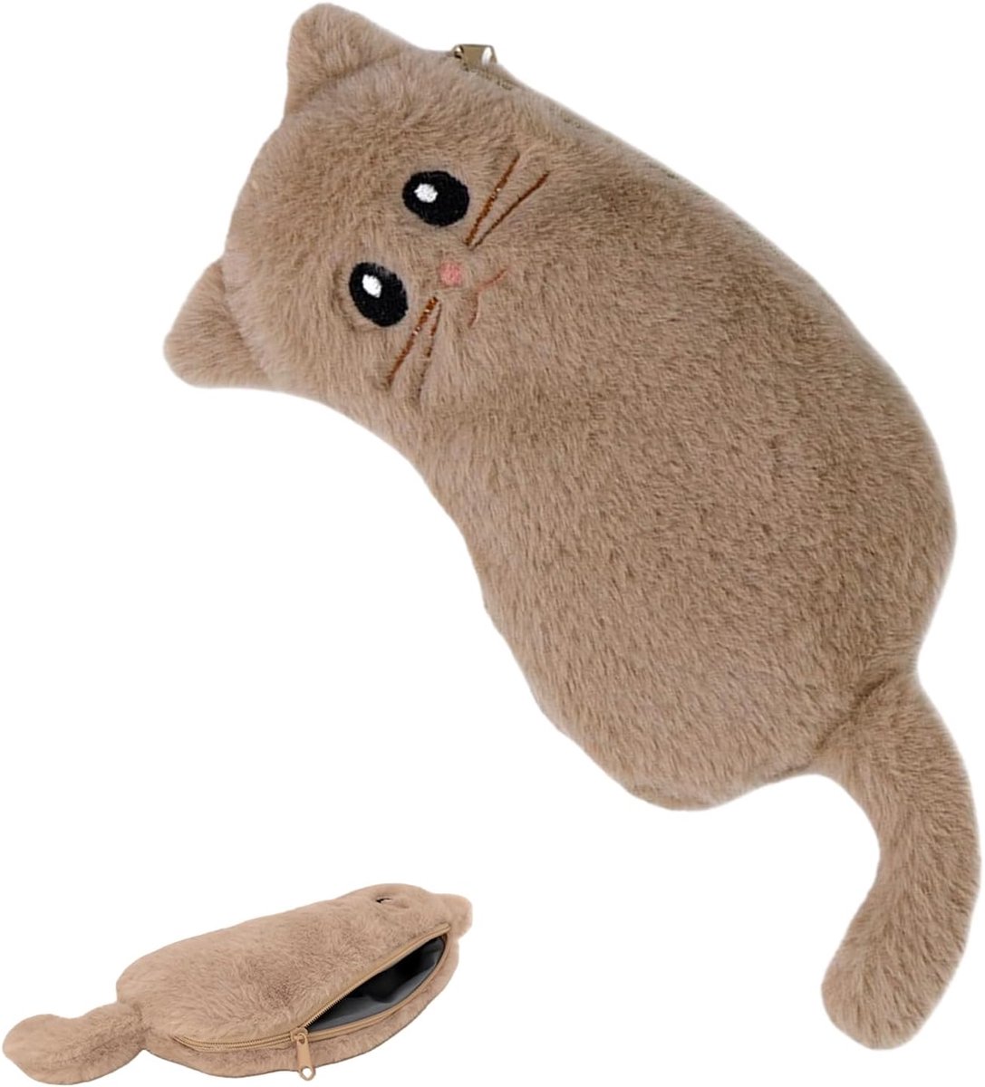 Schrijfgerei etui - Pennenzak pluche - School en kantoor - Schattig kattenontwerp - 26 x 14 cm - Kaki