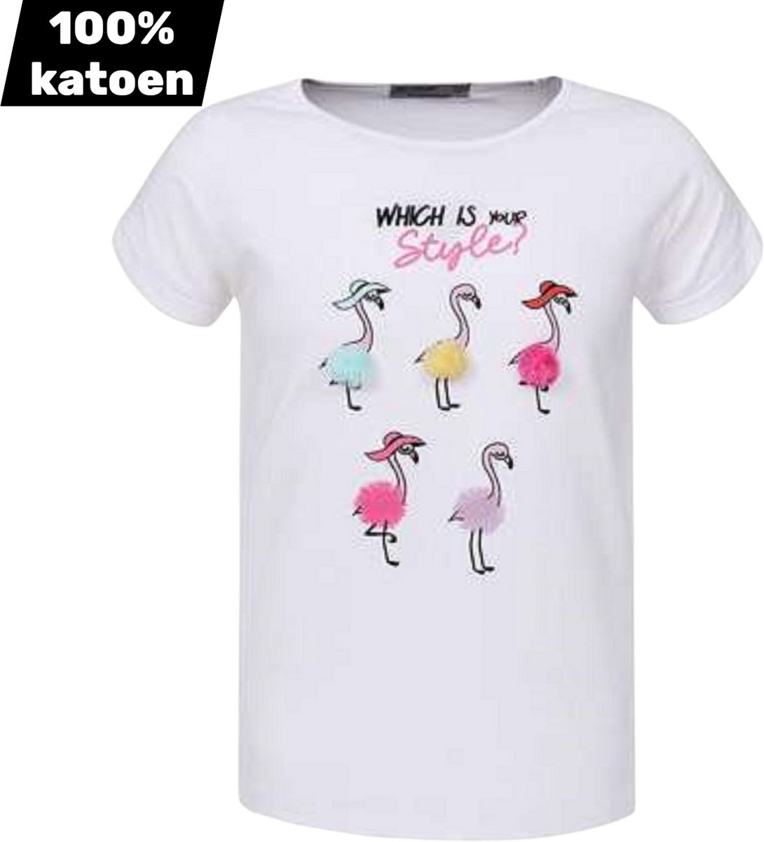 T-shirt 100% katoen flamingo's wit 98