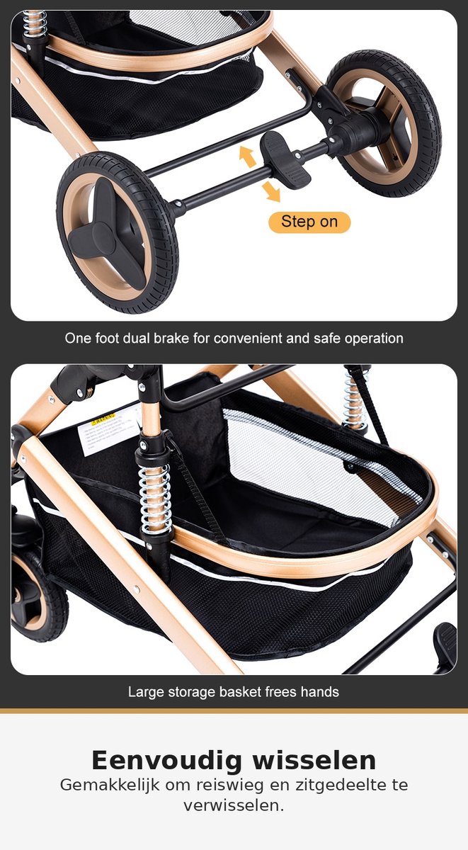 Luxe Kinderwagen 3-in-1 – Opvouwbare Baby Kinderwagen – Hoge Kinderwagen voor Pasgeboren Baby’s – Reiswieg en Wandelwagen – Draagbaar en Compact thumbnail 4