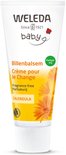 Tube WELEDA Baby billenbalsem met een oranje dop en illustraties van goudsbloemen. "Parfumvrij" staat in een groen label.