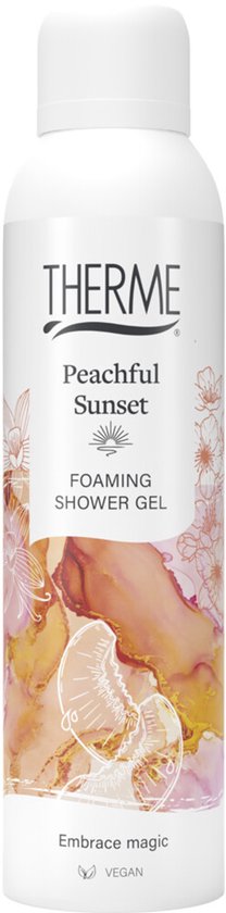Therme Peachful Sunset schuimende douchegel 200ml met perzik- en bloesemdesigns, en tekst 'Embrace magic'.