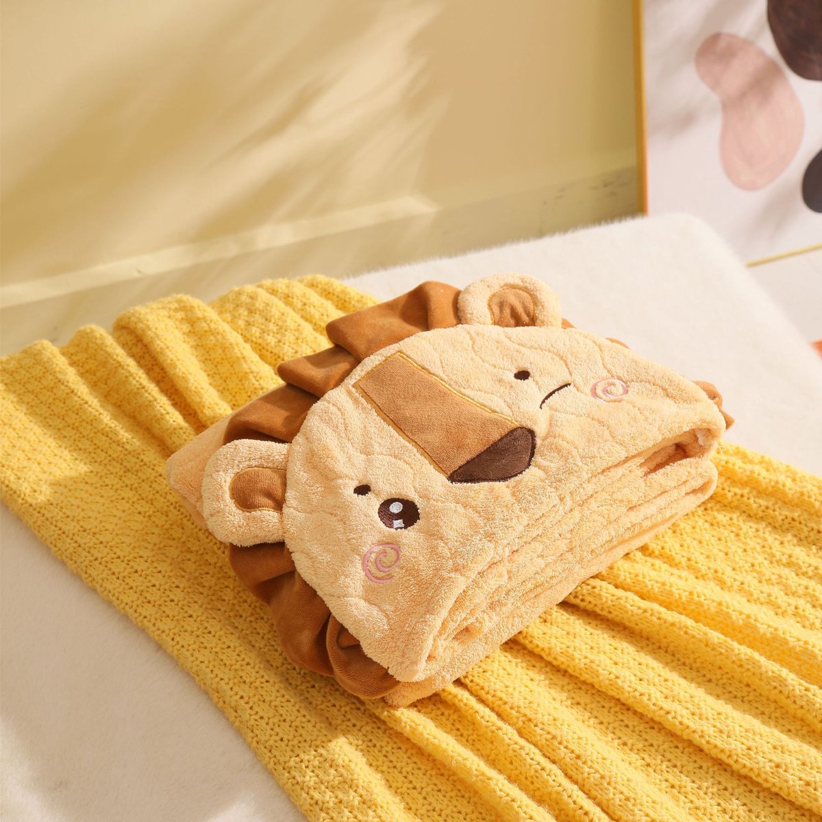 Babybadjas met capuchon, 2-delige set, superabsorberende babybadhanddoek, hoogwaardig koraalfleece, babybadhanddoek,Gele leeuw - 70*140 cm