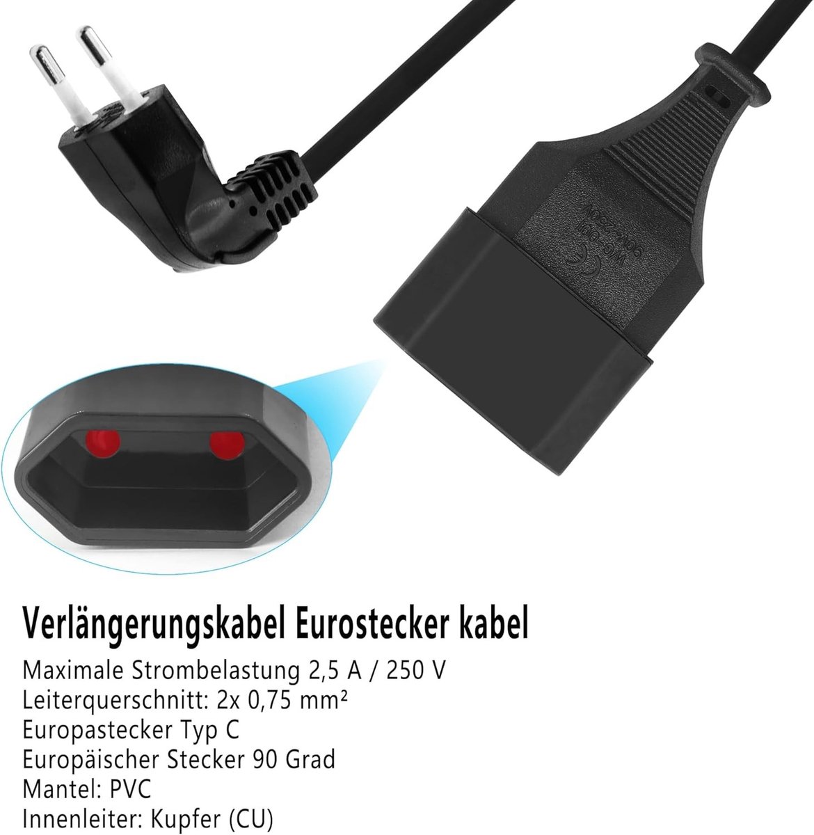 Verlengkabel - Euro Stekker 90 graden - Korte Verlengkabel - Geschikt voor Huishoudelijke Apparaten - 4 Meter