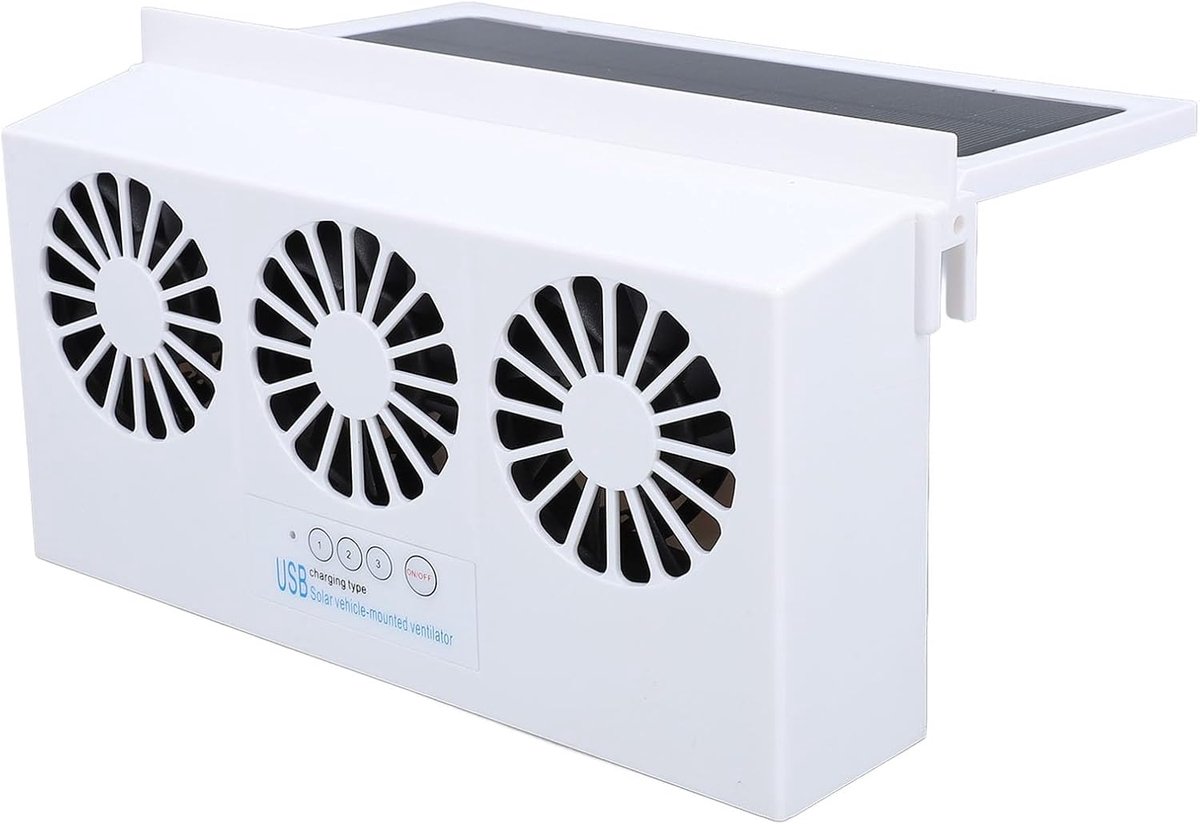 Auto Uitlaatventilator - Zonneventilator Auto - Auto Lucht Verfrissen - Drievoudig Ventilatorontwerp - 27 x 18 x 7 cm - Wit