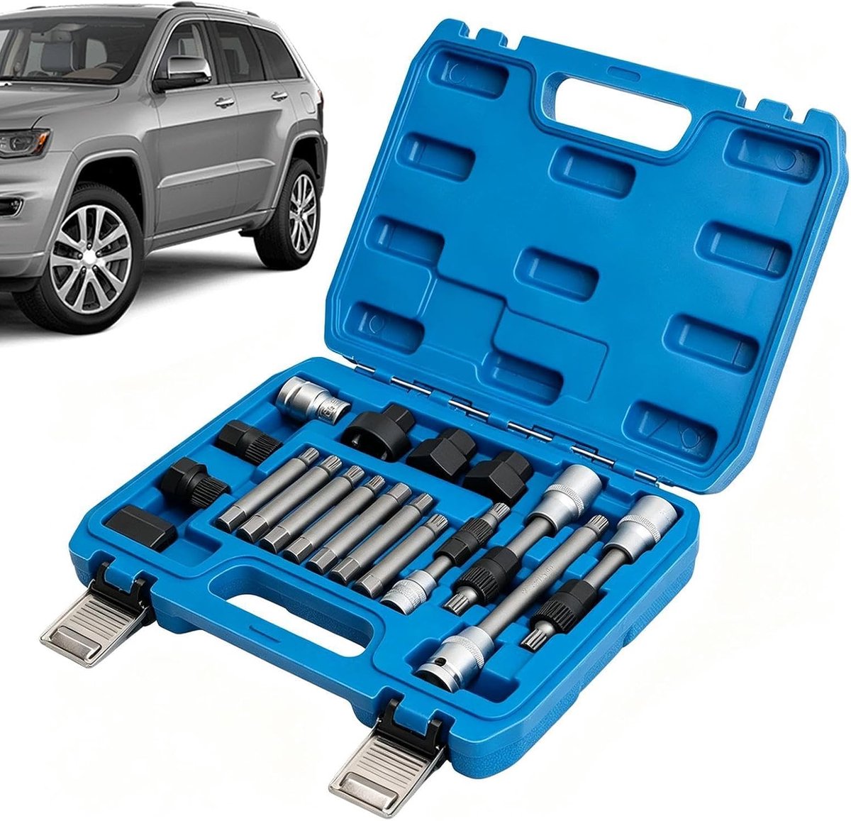 Riemspanner Gereedschapset - Katroltrekker Riem Spanset - Auto Onderhoud - 18-delige Set - 30 x 25 x 10 cm - Zilver