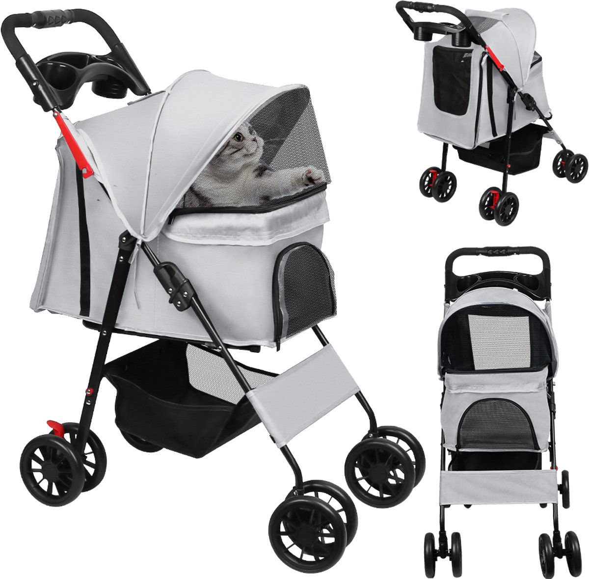 PIPIPOXER Huisdier wandelwagen-reiswagen -huisdier-Hondenbuggy tot 20 kg-kattenwagen- 4 stuks rubberen wielen met schokdemping- mand en zonwering -buggy-Tas - Oxfordstof-grijs