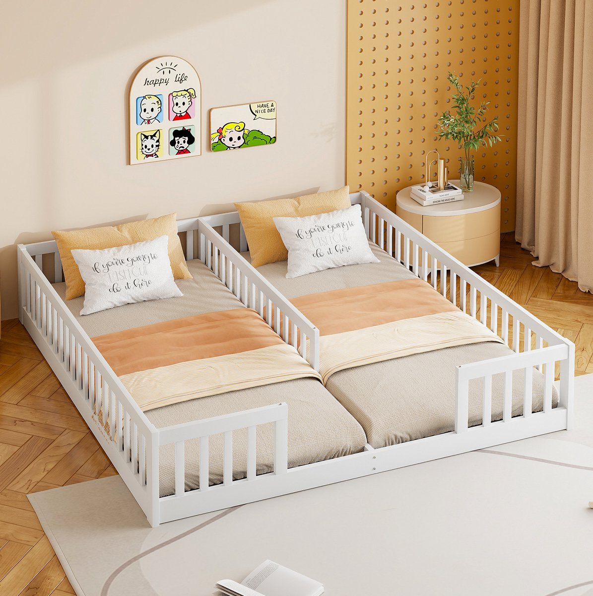 MEUNIQ kinderbed 204 x 187 cm voor 2 kinderen, 2 ligplaatsen 90 x 200 cm, met veiligheidshek, laag bedframe voor kinderkamer, wit, zonder matras