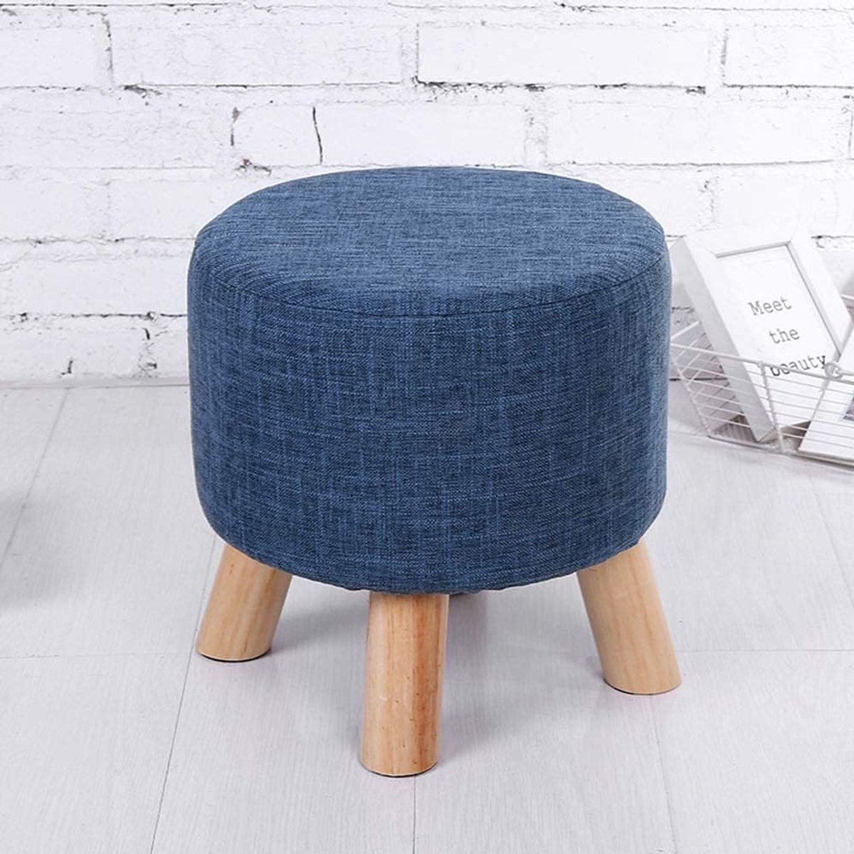 Ronde Poef - Houten Kruk - Extra Zitplaats - Afneembare Hoes - 28 cm Diameter - Marineblauw