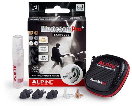 Alpine MusicSafe Pro verpakking: etui, oorpluggen, filters en reinigingsspray.