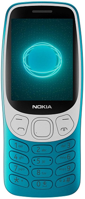 Turquoise Nokia 3210 (2024) mobiele telefoon met fysiek toetsenbord en display met blauwe ring.
