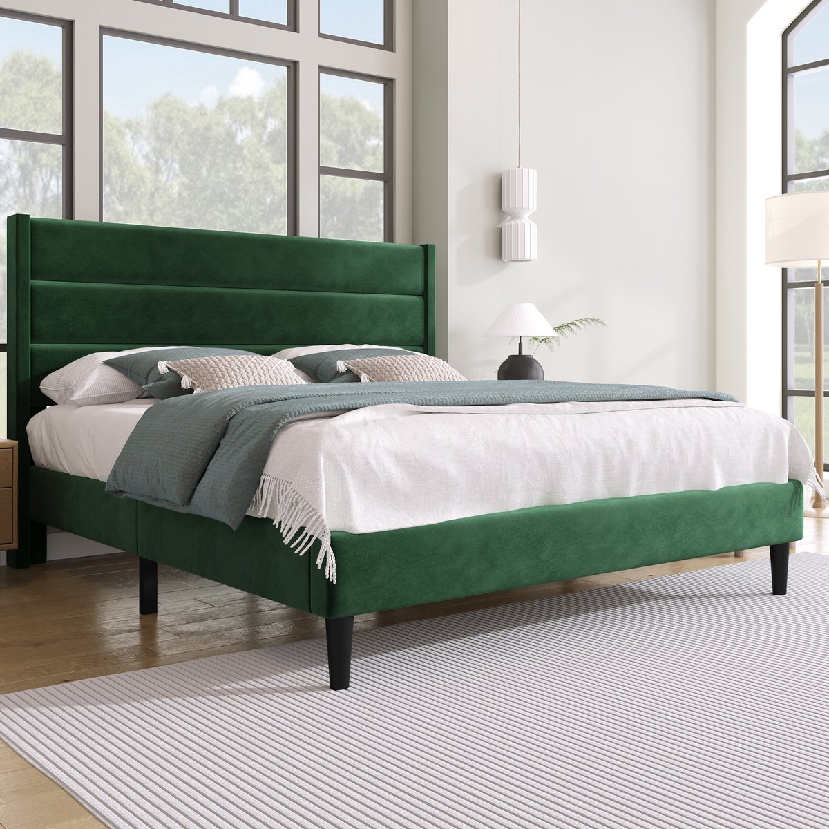 MEUNIQ Gestoffeerd tweepersoonsbed 140x200 cm met lattenbodem en hoog hoofdbord, bedframe voor slaapkamer, stof met fluweellook, donkergroen