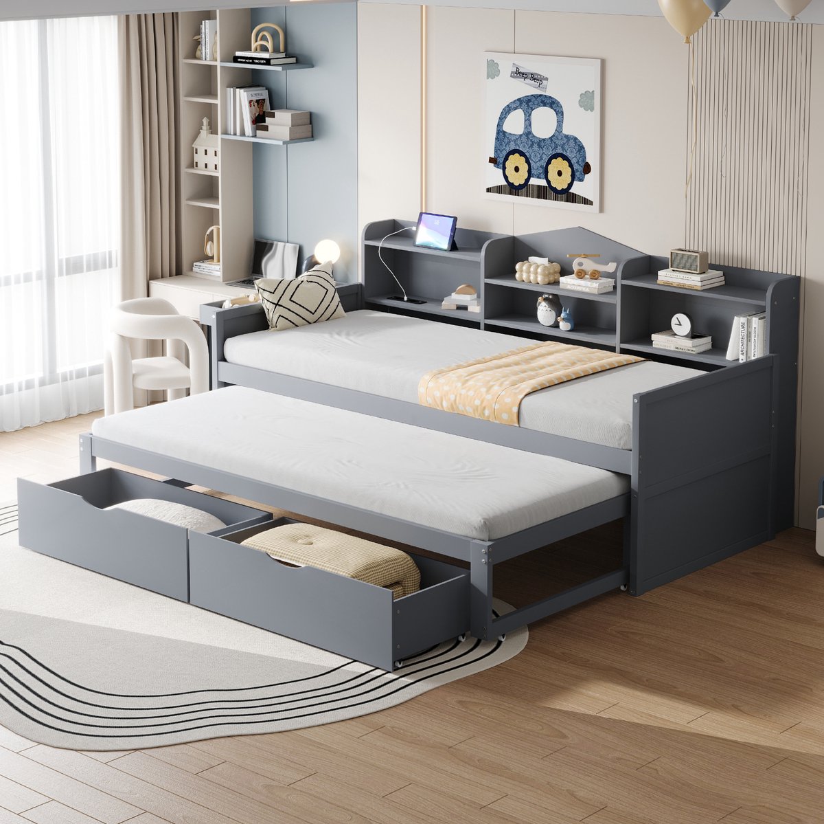 MEUNIQ slaapbank 90x200 cm met uitschuifbed 90x190, 2 lades, opbergvak, opbergmand en USB-aansluiting, eenpersoonsbed voor slaapkamer of logeerkamer, grijs