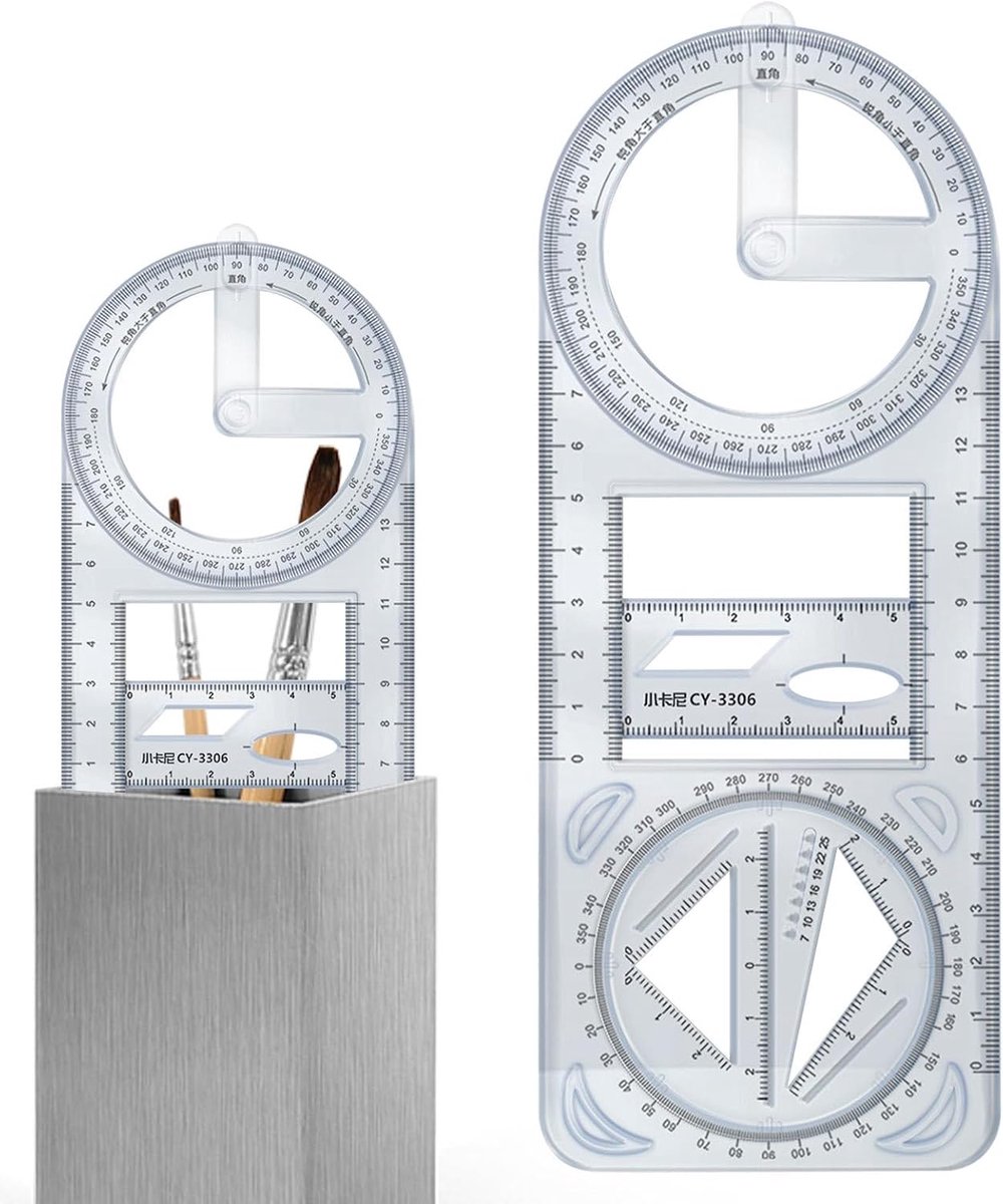 Multifunctionele Liniaal - Meetgereedschap Tekenhulp - Geometrisch Tekenen - Veelzijdige Patronen - 24.3 x 9.8 cm - Transparant
