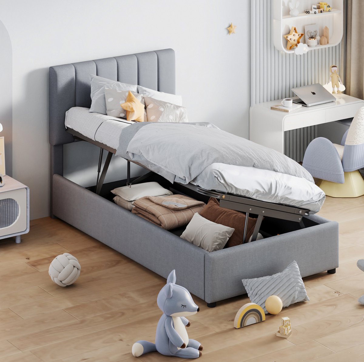 MEUNIQ kinderbed 90x200 cm met hydraulische opbergruimte, verstelbaar hoofdbord, lattenbodem en stoffen bekleding, eenpersoons bed voor kinderkamer, grijs