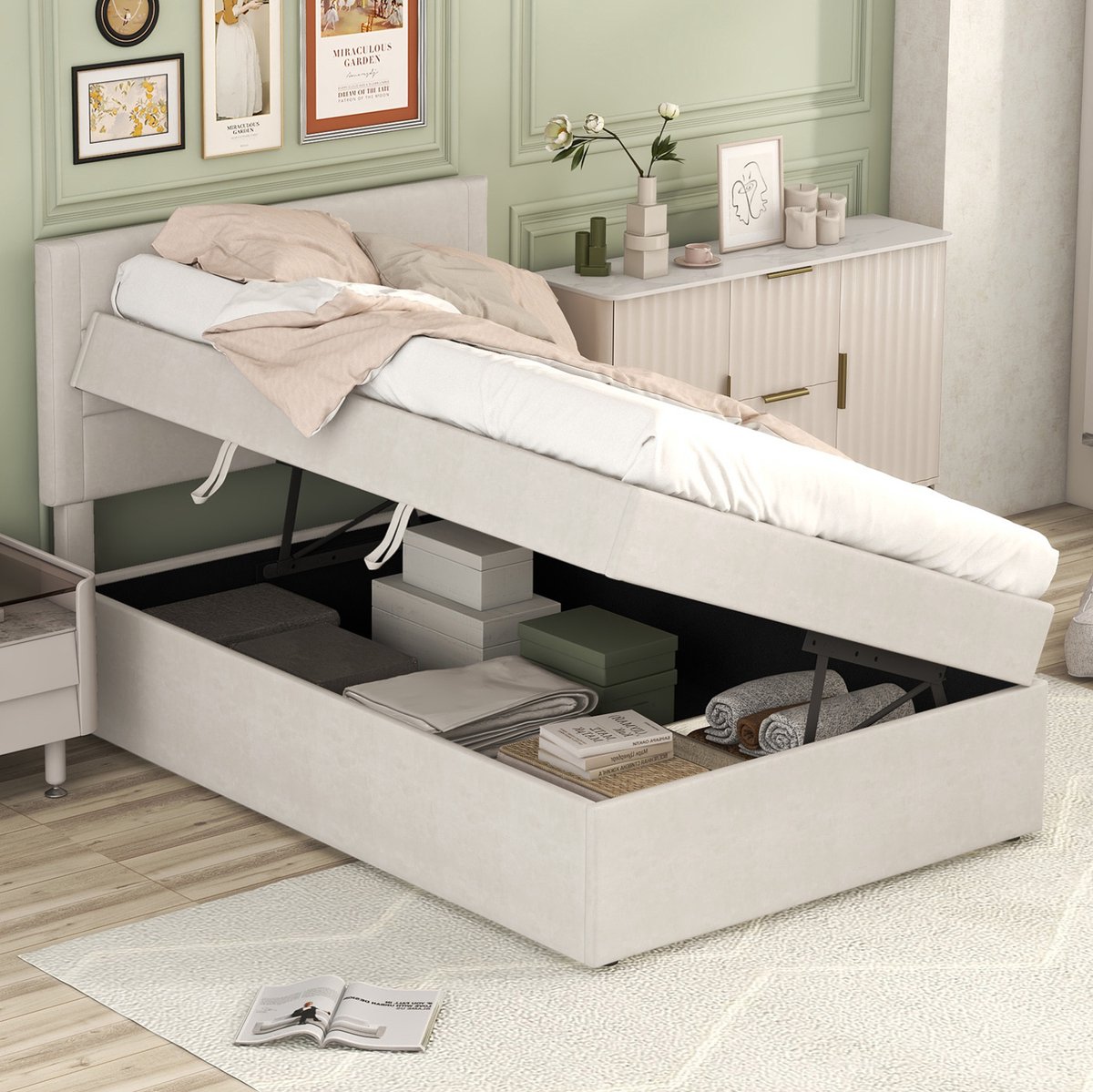 MEUNIQ eenpersoonsbed 90 x 200 cm met lattenbodem en opbergruimte, gestoffeerd bedframe zonder matras voor slaapkamer, beige