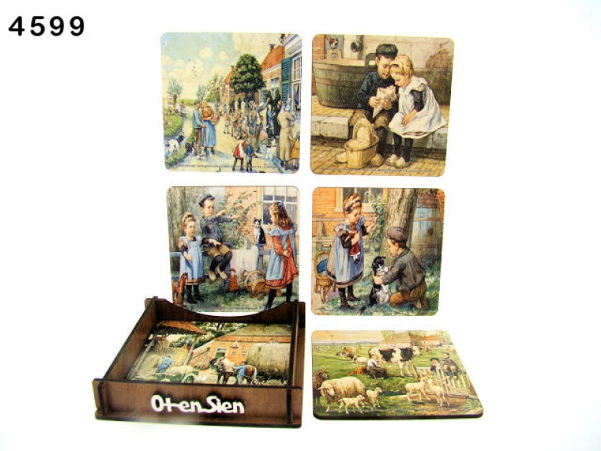 Ot en Sien onderzetters met houder, set van 6, 9 x 9 cm