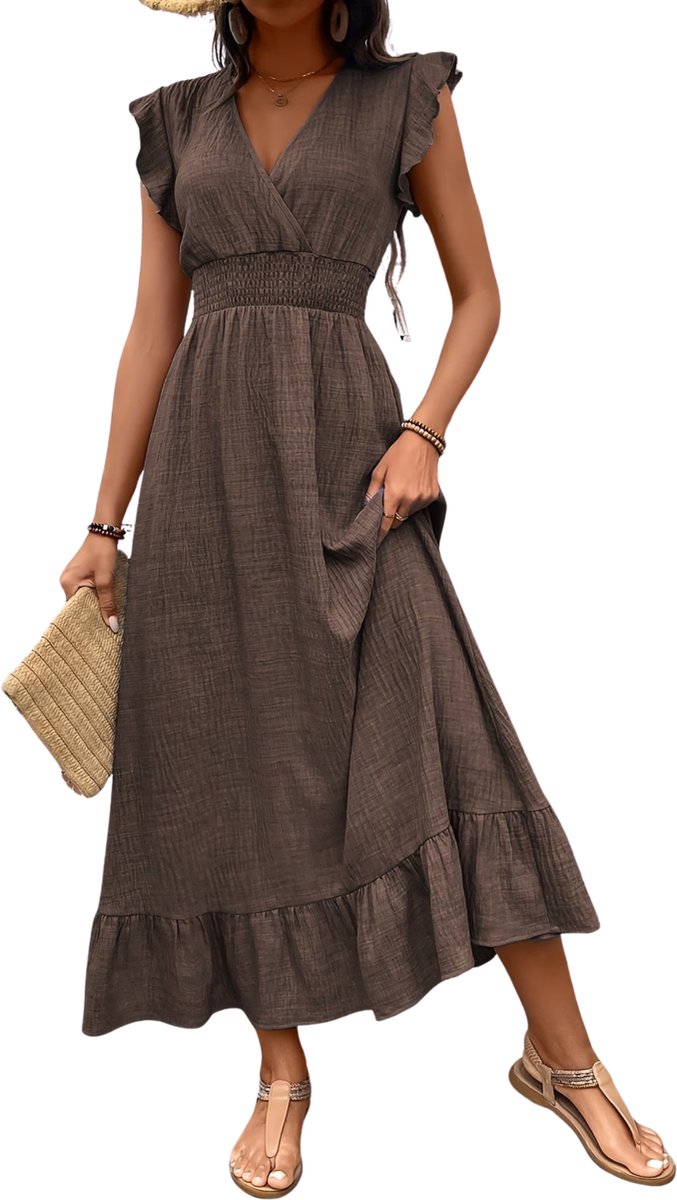 Currero Zomerjurk Dames Zomerjurken Volwassenen Vrouwen Midi Jurk Ibiza Stijl Sundress Dress Olijfbruin