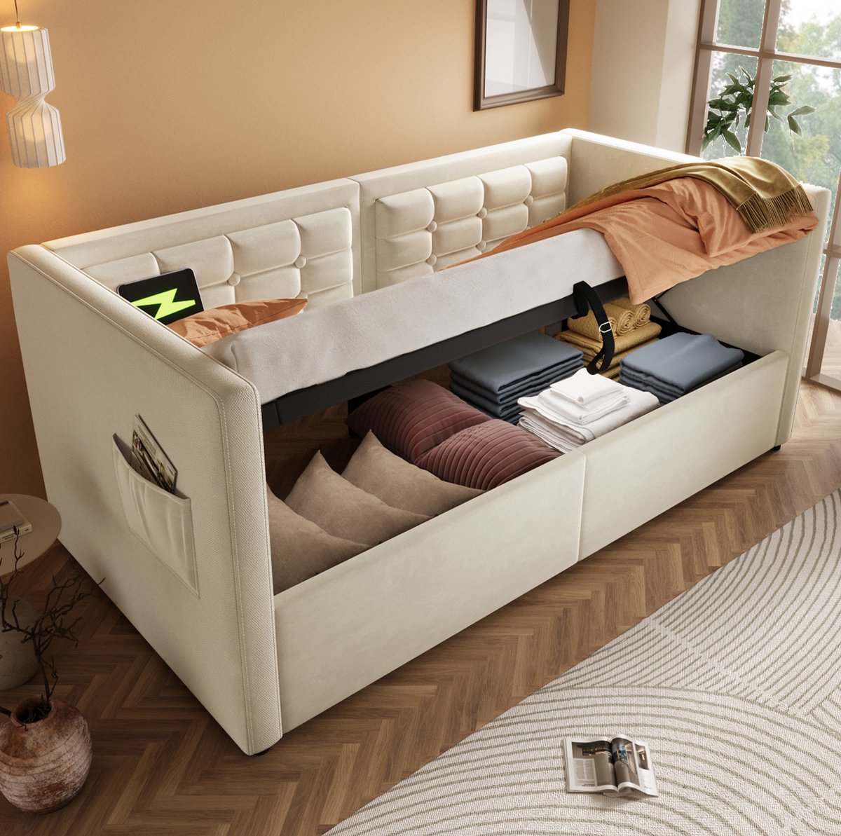 MEUNIQ Slaapbank 90x200 cm met hydraulische opbergruimte, USB en Type-C laadstation, lattenbodem, driezijdige rugleuning, beige fluweel, zonder matras