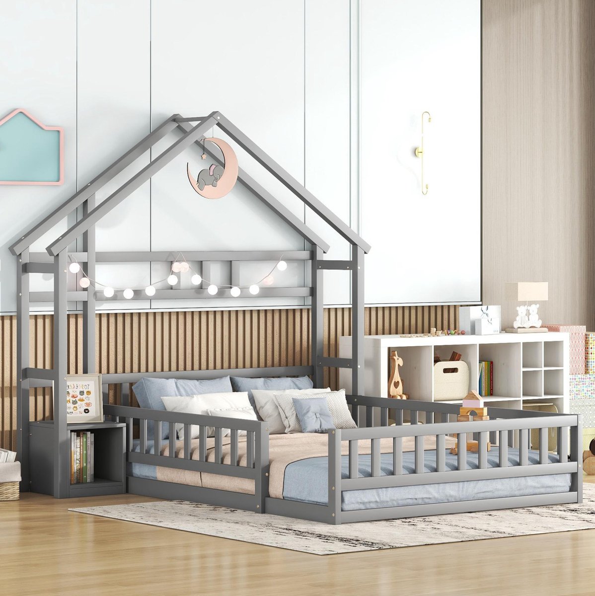 MEUNIQ kinderbed 140 x 200 cm huisbed met uitvalbeveiliging en nachtkastje, grenenhout en MDF, normaal bed voor kinderkamer, grijs