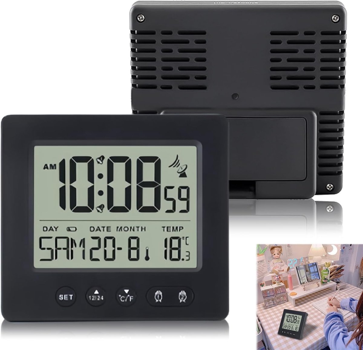 Digitale Radiogestuurde Wekker - Zwart - LCD Scherm met Achtergrondverlichting - Twee Onafhankelijke Wekkers - Voor Thuis en Reizen