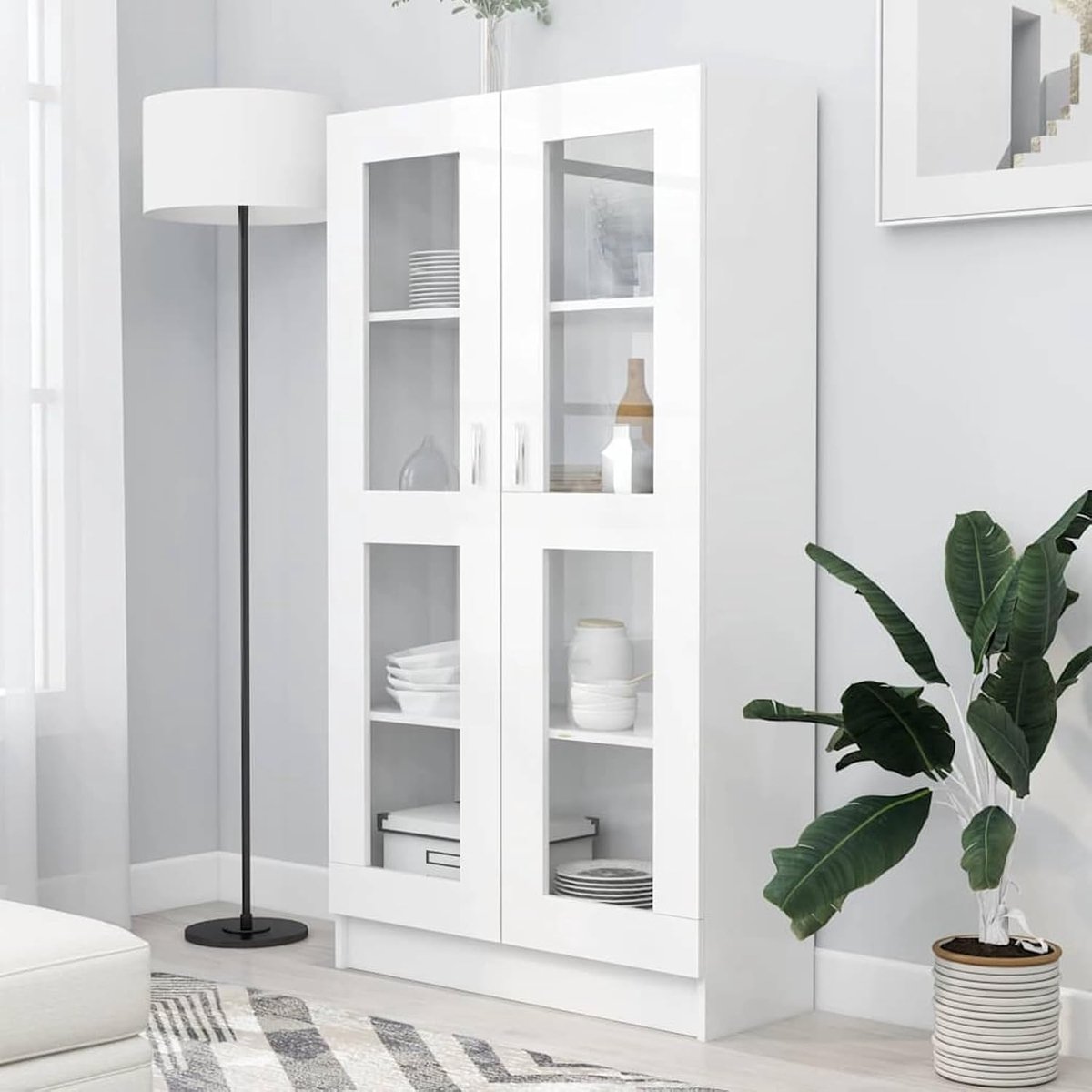 Vitrinekast Hout Glas - Boekenkast Displaykast - Opbergen Decoratie - 4 Ruime Vakken - 825 x 305 x 150 cm