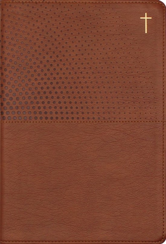 Bruine Bijbel met een kruisje in goudkleur en een patroon van stippen in verschillende groottes.