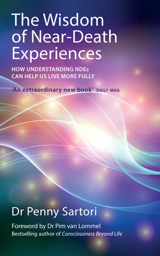 Livre "The Wisdom of Near-Death Experiences" avec des lumières abstraites ondulantes dans des tons rose, violet et bleu.