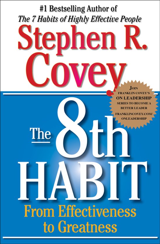 Boekomslag van 'The 8th Habit' door Stephen R. Covey, #1 bestseller.