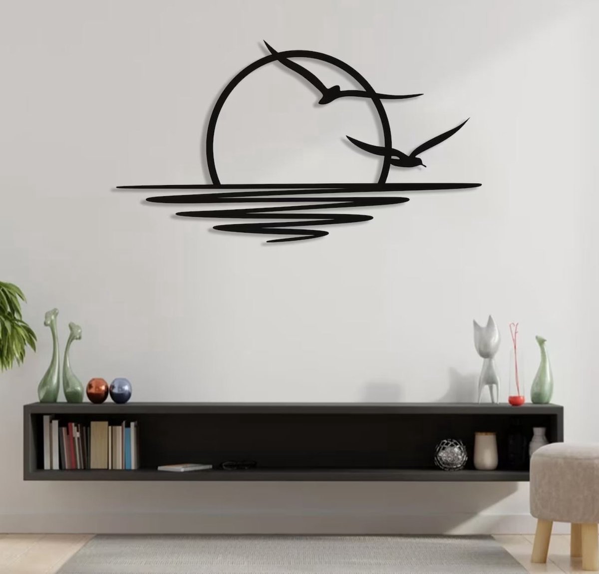 Wanddecoratie Zonsondergang met Vogels 70x38.5 cm – Moderne Zwarte Muurdecoratie voor Woonkamer en Slaapkamer