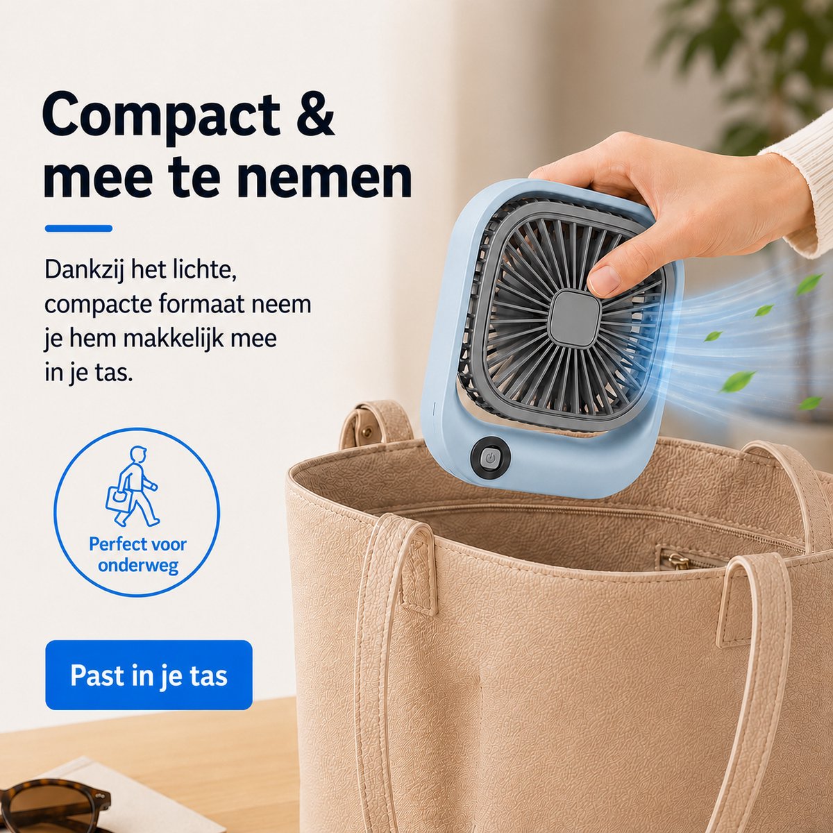 Kleine Draagbare Bureauventilator - Compacte USB-C Ventilator - Mini Tafel Ventilator 3 Standen - voor Auto, Kantoor & Onderweg - Lichtgewicht Mini Desk Fan - Kleine Oplaadbare Ventilator - Handventilator Oplaadbaar - Handwaaier - Blauw - Silvergear — afbeelding 5