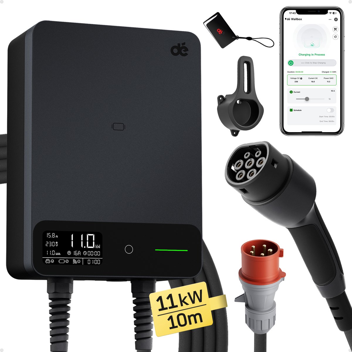 dé Laadpaal 11kW 16A 3 fase - Home Wallbox met APP-besturing - 10 meter Type 2 vaste kabel - Slim laadstation met Aardlekschakelaar Type B en IP54 Bescherming - voor BEV/PHEV - Zwart