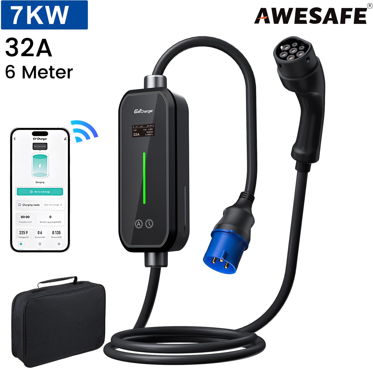 Awesafe Laadkabel Auto - Mobiele Thuislader EV-Lader Type 2 - 7 kW 32A Draagbare Charger - Waterdicht - 6M - 6A/8A/10A/13A/16A/20A/24A/32A Schakelbaar - Geschikt Voor Elektrische Auto - Met transporttas - Zwart