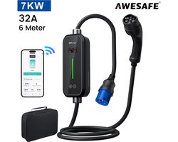 Awesafe Laadkabel Auto - Mobiele Thuislader EV-Lader Type 2 - 7 kW 32A Draagbare Charger - Waterdicht - 6M - 6A/8A/10A/13A/16A/20A/24A/32A Schakelbaar - Geschikt Voor Elektrische Auto - Met transporttas - Zwart