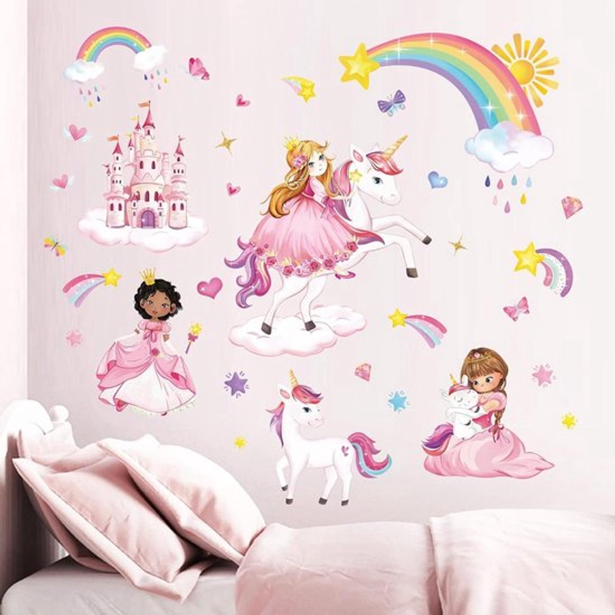 Allecto Plus - Muursticker prinses eenhoorn slot regenboog - Wanddecoratie