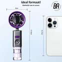 Afmetingen van de paarse mini ventilator, 6x17.5cm, naast een witte smartphone van 14.7cm.
