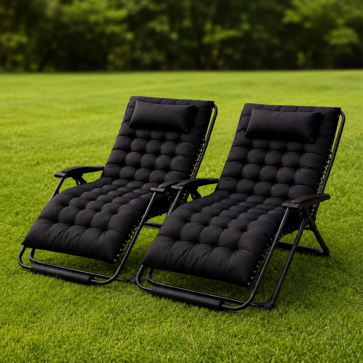 FlinQ 2x XL Relax Tuinstoelen Cloud Comfort Deluxe - Verstelbare Zero Gravity Relaxstoel - Extra breed - Extra dikke kussens - Hoofdkussen & Bekerhouder/Tafeltje - Ligstoel - Tuinmeubelen - Ideale Campingstoel - Ook voor Tuin of Balkon thumbnail 4
