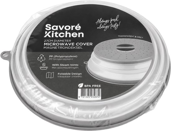 Verpakking van een grijs, inklapbaar magnetrondeksel van Savoré Kitchen, 27 cm diameter, met stoomopeningen.