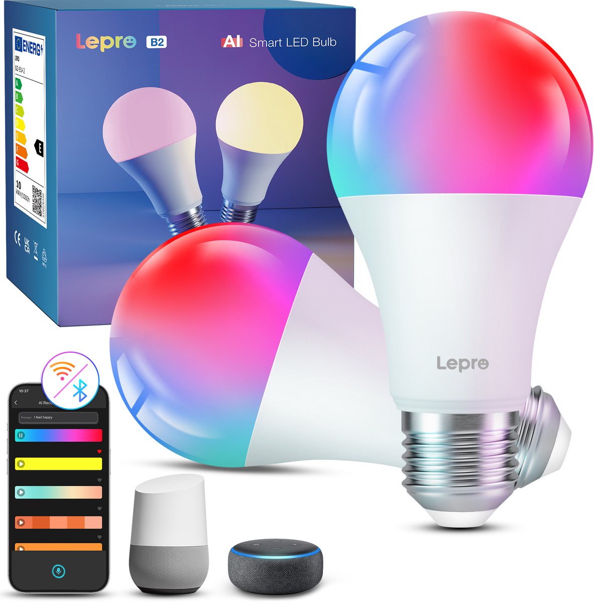 LEPRO B2 Smart LED Lamp E27 - Slimme Lamp met WiFi en Bluetooth - Muziek Sync - 1100 lm - Set van 2