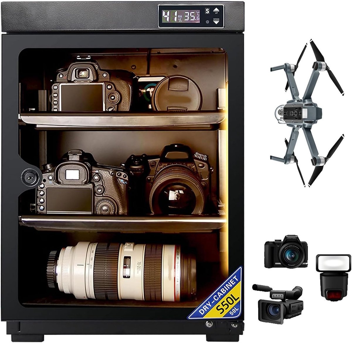Droogkast Camera Apparatuur - Ontvochtigingskast Precisie - Apparatuur Beschermen - Nauwkeurige Vochtregeling - 50 Liter - Zwart
