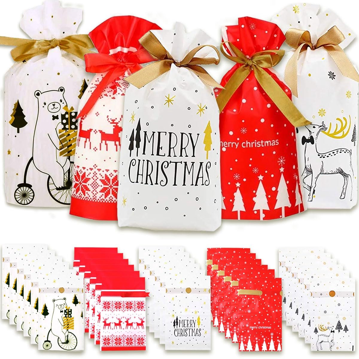 Cadeauzakjes Kerst - Feestelijke zakjes - Cadeaus inpakken - Met trekkoord - 30 stuks - Rood en groen