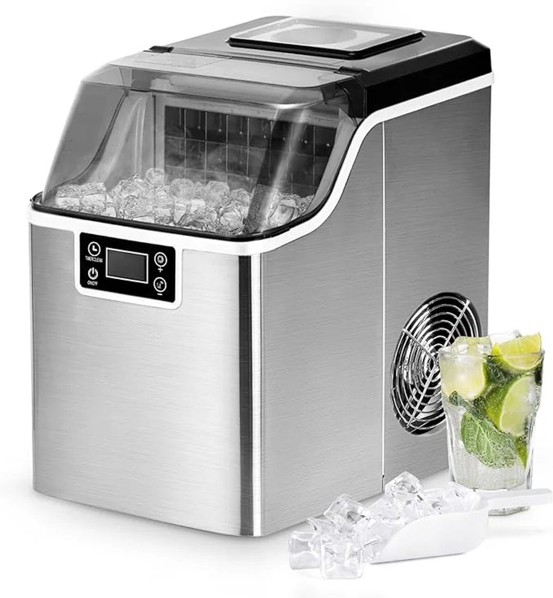 ITRONIQ IJsblokjesmachine 20,5 KG/24U - Zelfreinigende IJsmachine - 24 IJsblokjes in 13 Minuten - Timer - LCD Display - Zilver