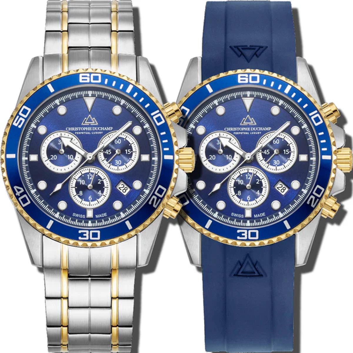 Christophe Duchamp Marine Chrono II (heren) – Blauwe Wijzerplaat met Zilverkleurige Kast en Blauwe Rubberband