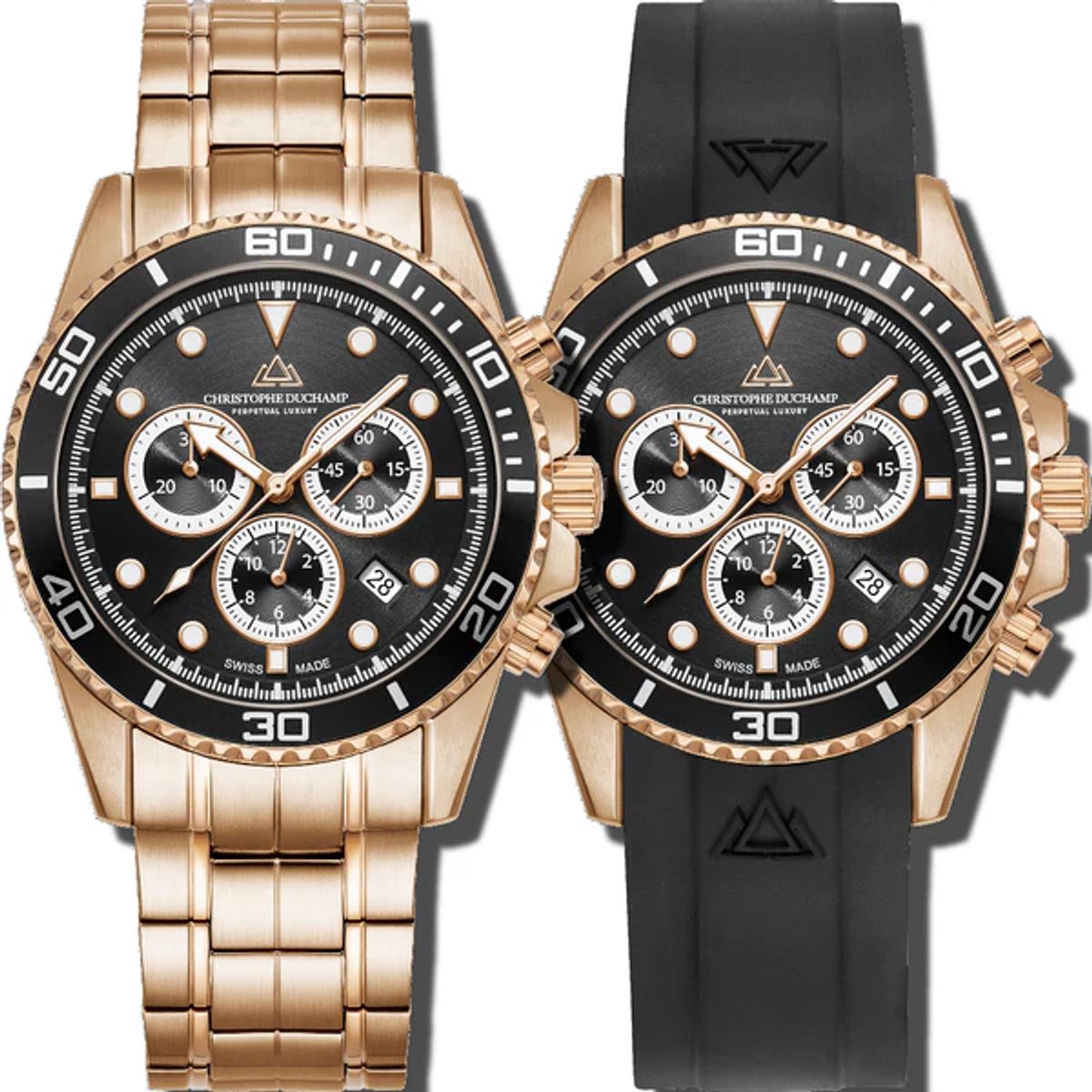 Christophe Duchamp Marine Chrono II (heren) – Zwarte Wijzerplaat met Zilverkleurige Kast en Zwarte Rubberband