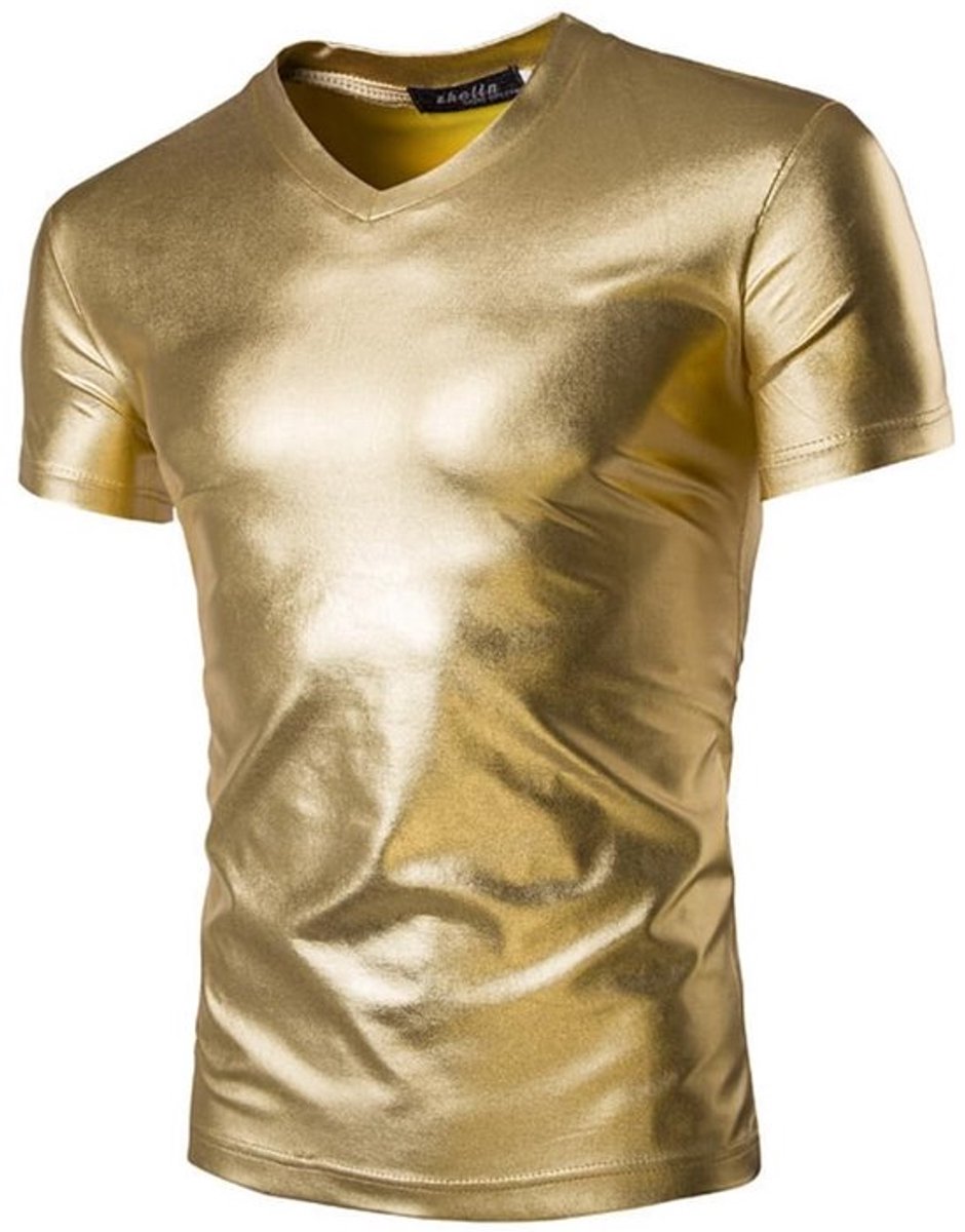 Dailygoods- T-shirt heren V-hals Korte mouwen Metallic glanzend Zwart