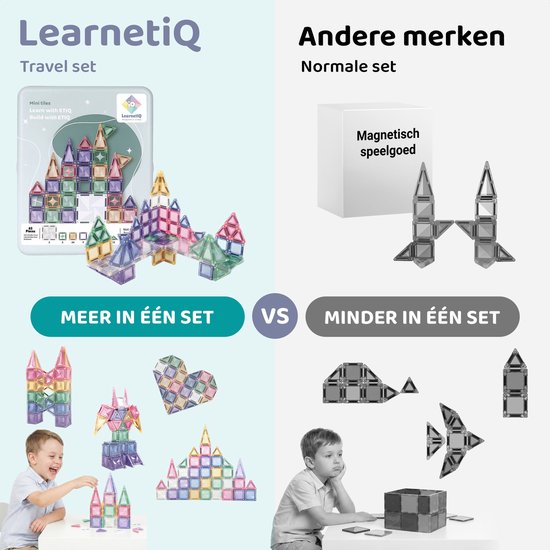 Een vergelijking tussen de LearnetiQ reisset en een normale set, met voorbeelden van gebouwen.