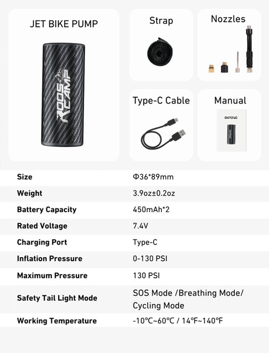 Rooscamp AirMaster R13 Elektrische Fietspomp - Mini Luchtpomp tot 130 PSI - USB-C Oplaadbaar - Compact voor Onderweg — afbeelding 4