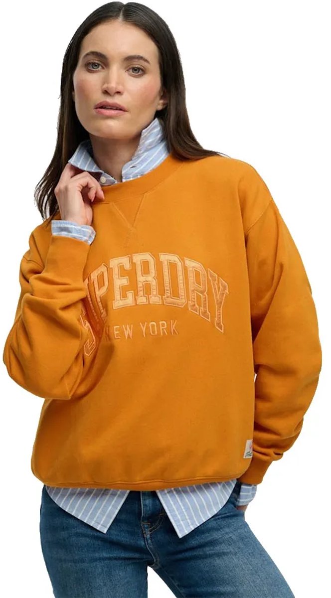 Superdry Varsity Satin Applique Crew Sweatshirt L Vrouw Goud