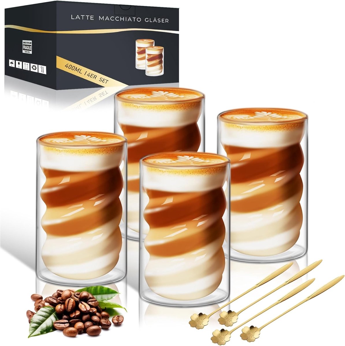 Dubbelwandige Koffiekopjes - Borosilicaatglas - Set van 4 - Inclusief Lepels - Voor Koffie en Thee
