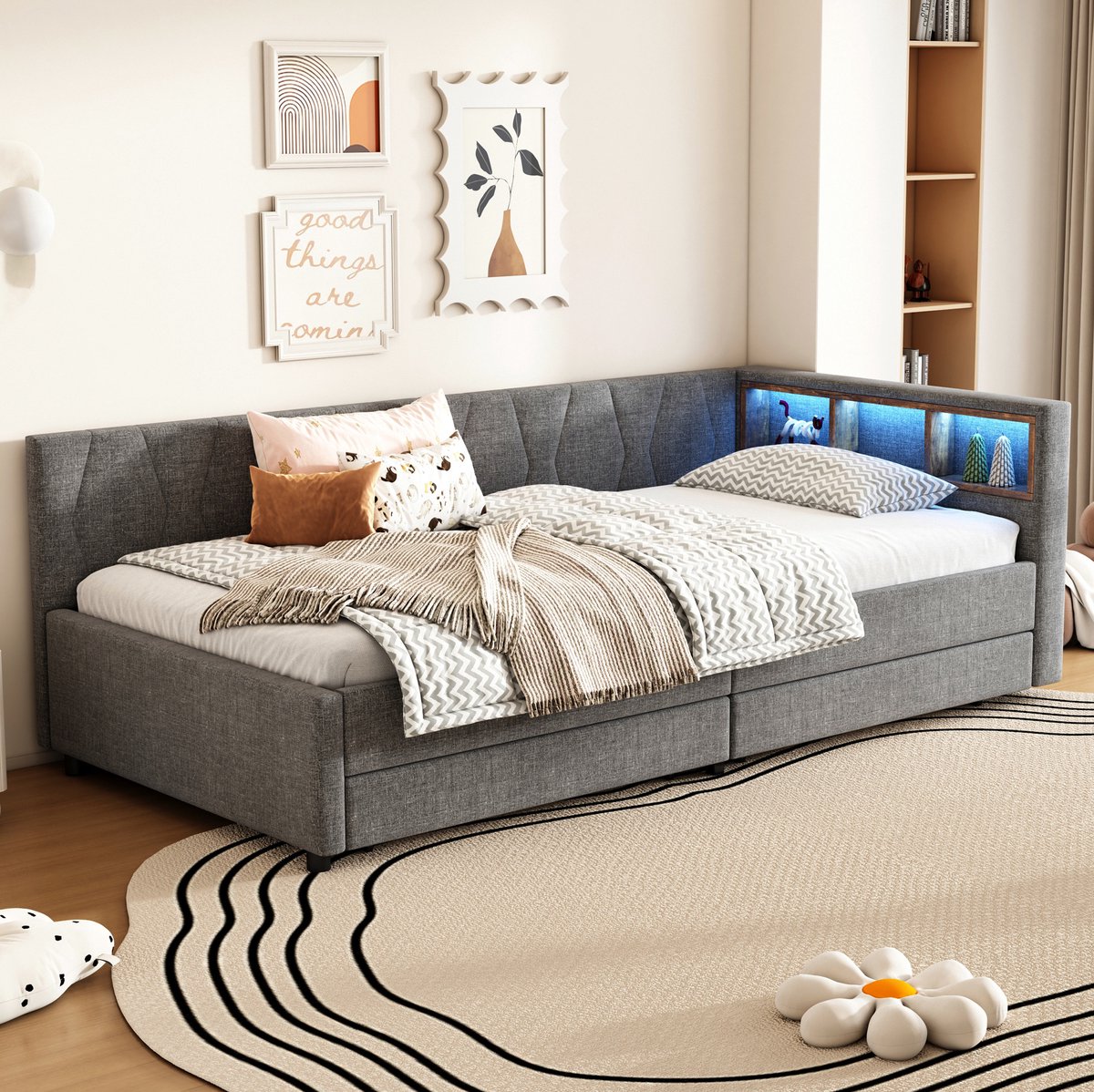 MEUNIQ bedbank 90x200 cm met lattenbodem, 2 lades, opbergvakken, LED-verlichting en USB + Type-C, dagbed voor slaapkamer, grijs