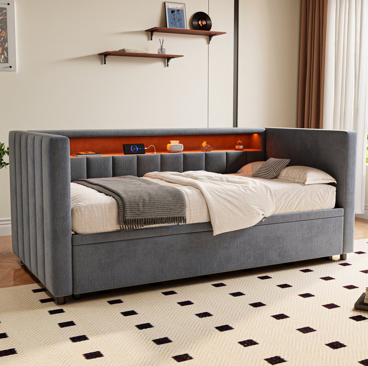 MEUNIQ slaapbank 90x190 cm met uitschuifbaar bed, LED-verlichting, USB-Type-C, opbergplank en lattenbodem, donkergrijs voor woonkamer of logeerkamer